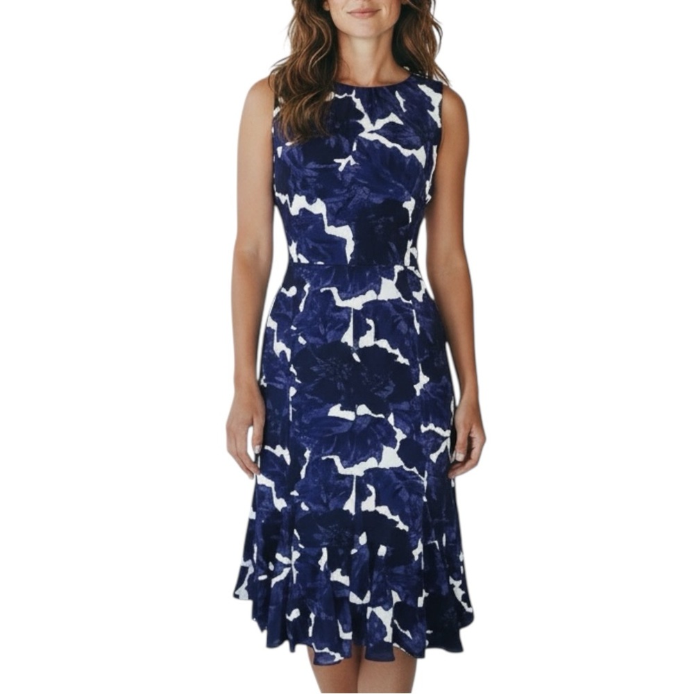 TALBOTS Fit & Flare Sleeveless Flounce Bottom Dress in Blue / White Print Size 2